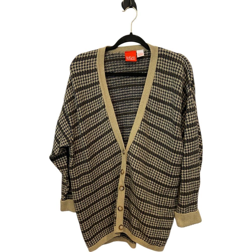 Liz Co Cardigan Sweater Beige Houndstooth Womens Size L Cotton‎ Long Sleeve